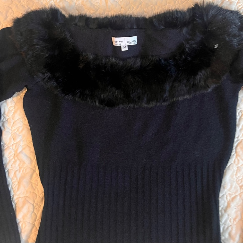 White House Black Market Black Sweater with Rabbit Fur Collar M